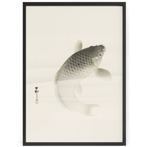 Постер на стену Японская гравюра Укие-э Катё-га - Карп и пчела 90 x 60 см в тубусе