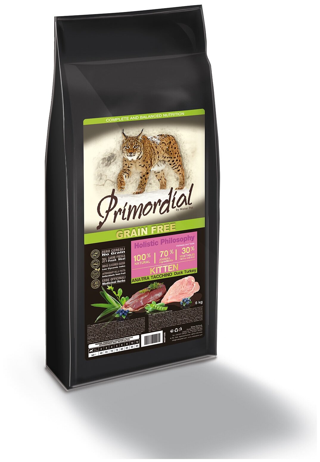 Сухой корм для котят Primordial беззерновой, с уткой, с индейкой 6 кг