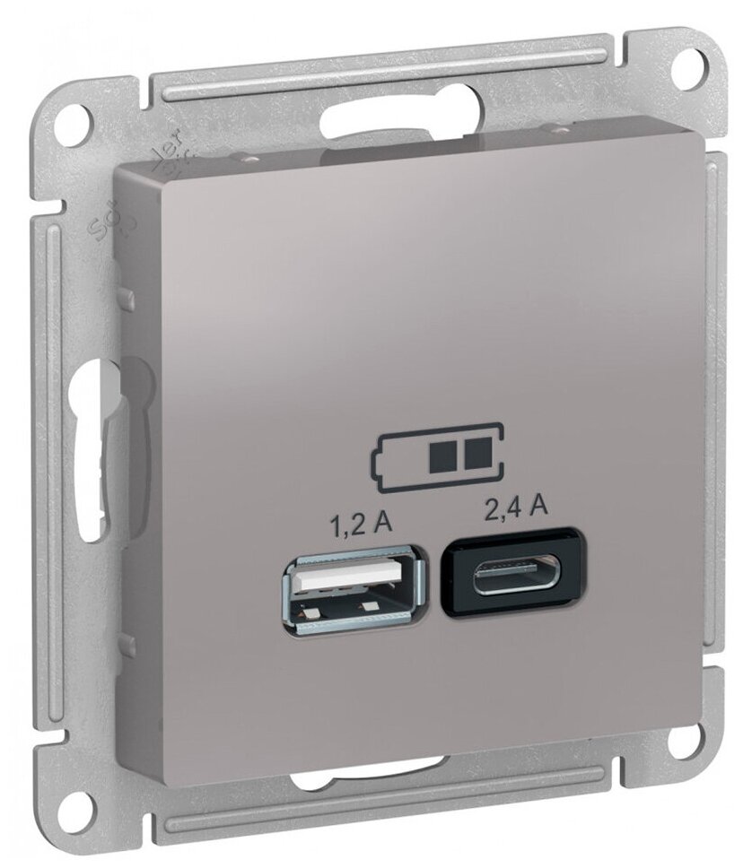 Розетка USB Schneider Electric Atlas Design ATN000339 скрытая установка алюминий два модуля USB типы A и C - фотография № 2