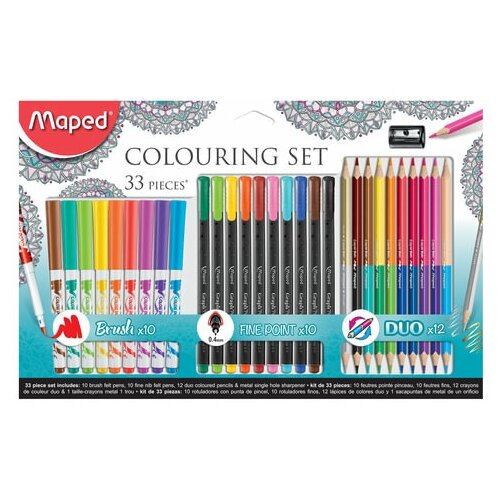 Набор для творчества MAPED Colouring Set, 10 фломастеров, 10 капиллярных ручек, 12 двусторонних цветных карандашей, точилка, 897417 (арт. 661552)