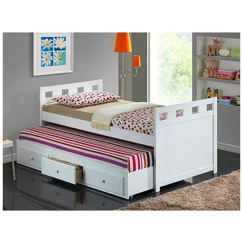 Кровать для 2-х детей выкатная каприз 90х190 белая из массива с ящиками на направляющих (без матраса)
