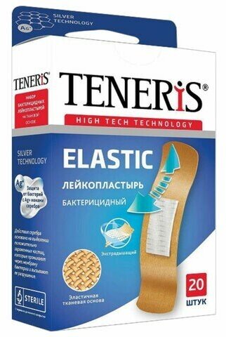 Набор пластырей 20 шт. TENERIS ELASTIC, эластичный, на тканевой основе, бактерицидный с ионами серебра, коробка с европодвесом, 0208-005