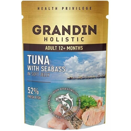 Grandin Влажный корм для взрослых кошек, тунец с морским окунем в нежном в желе, 85 гр, 6 шт
