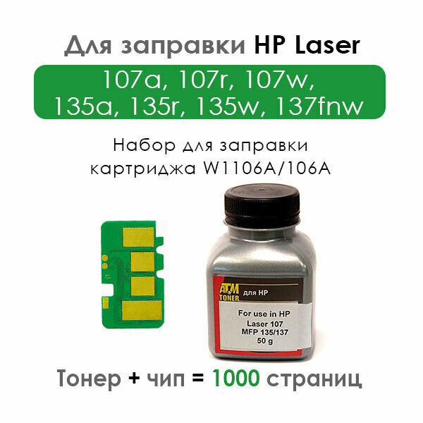 Комплект для заправки картриджей HP Laser 107a 107r 107w MFP 135a 135r 135w 137fnw (W1106A) черный Black 1000 стр набор чип + тонер