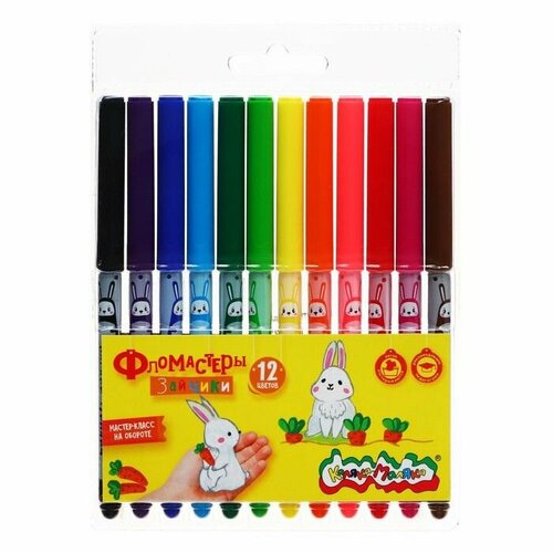 Фломастеры 12 цветов классические зайчики круглый корпус с принтом блистер 3 540₽