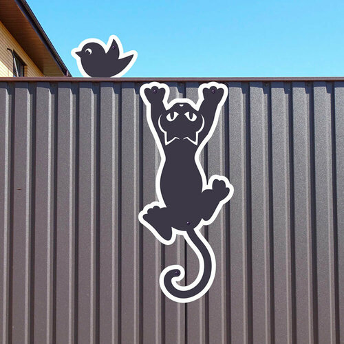 Садовый декор Кот и Птичка, серый, фигурки металлические двухслойные на забор или фасад