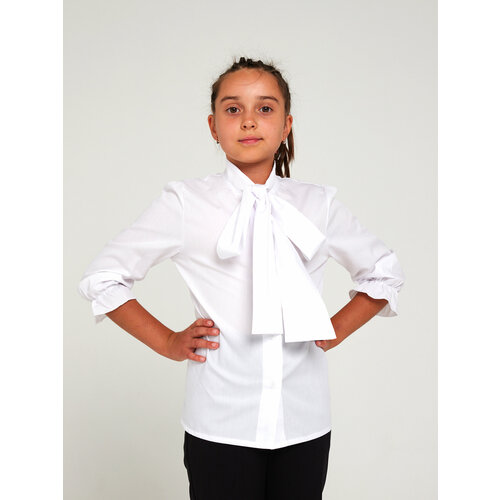 фото Школьная блуза kupifartuk, полуприлегающий силуэт, на пуговицах, укороченный рукав, без карманов, однотонная, размер 122, белый
