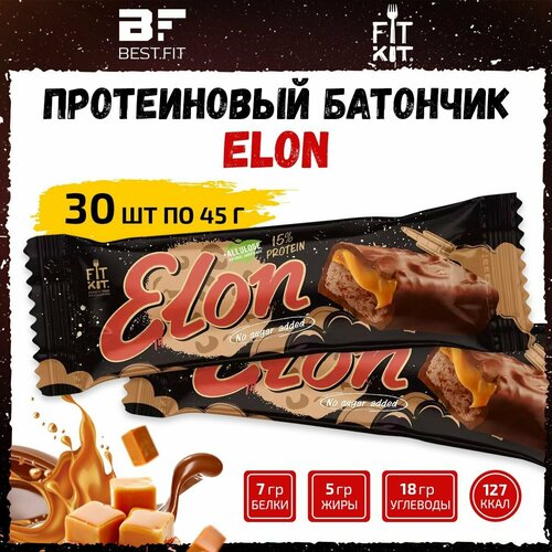 Протеиновый батончик Fit Kit, ELON (нуга, карамель) 30х45г / Низкокалорийные полезные диетические сладости / Десерт без сахара