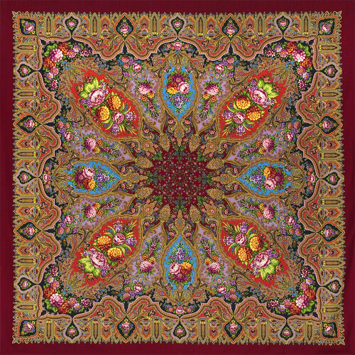 фото Шаль павловопосадская платочная мануфактура, шерсть, с бахромой, 148х148 см, бордовый, красный