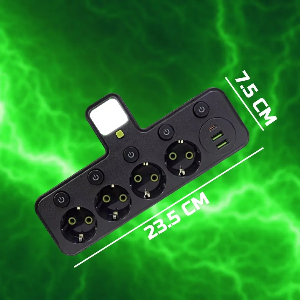 Тройник-разветвитель, с 4 розетками, 2 USB, Type-C, выключатель, подсветка, черный — фото 1