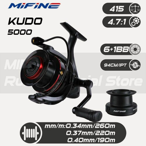Изображение товара Катушка рыболовная MIFINE KUDO 5000F, 6+1подшипник, (запас. пласт. шпуля) (4:7.1), для спиннинга, для карповой ловли, для фидерной ловли