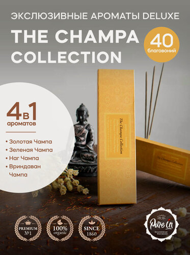 Изображение товара Набор благовоний THE CHAMPA COLLECTION DELUXE от PURE-IN из Индии, 4 аромата. Натуральные индийские ароматические палочки премиум класса. Для дома, йоги и медитации. Ритуалов и практик