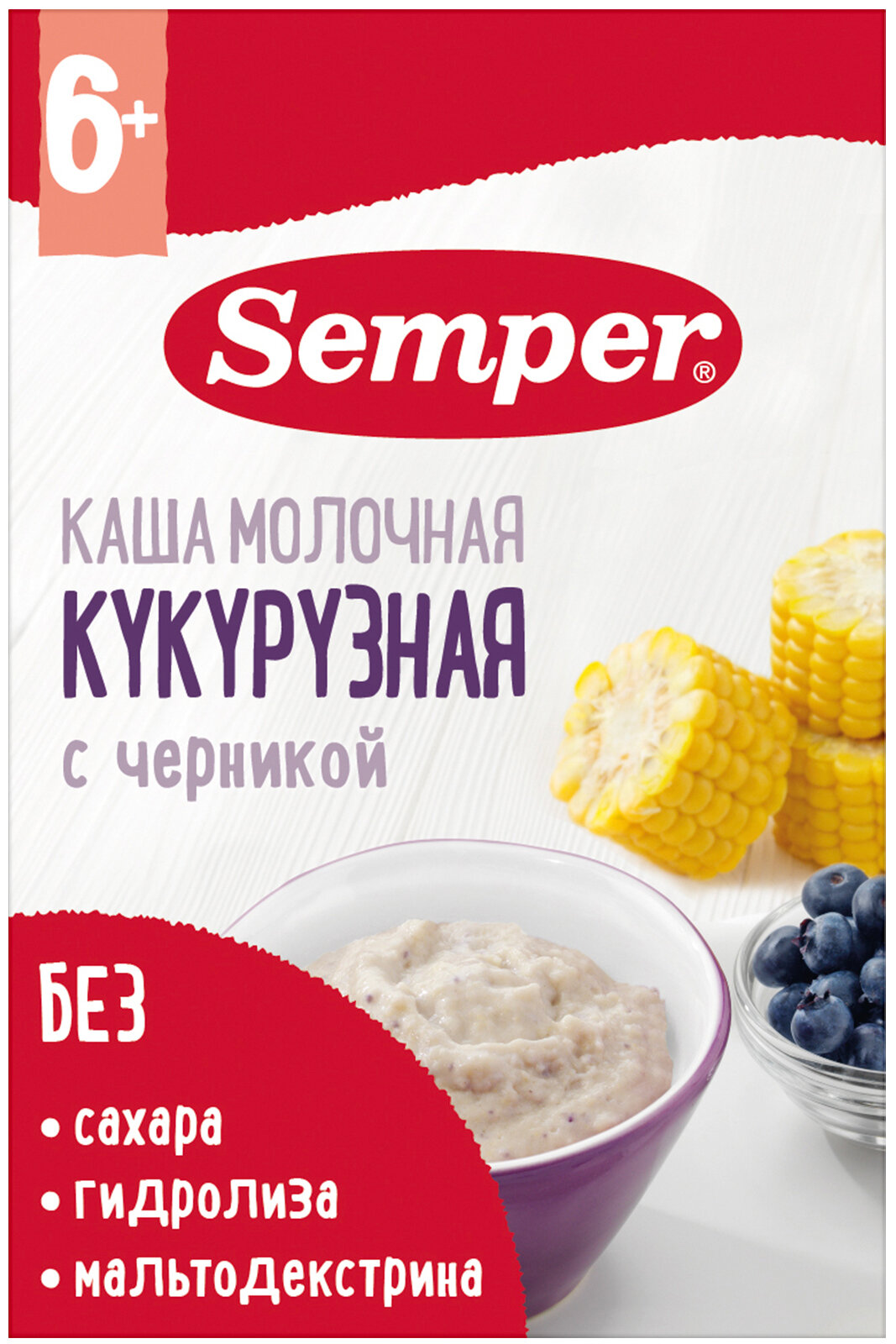 Каша молочная Semper Кукурузная с черникой без добавления сахара детская, с 6 месяцев, 180 г
