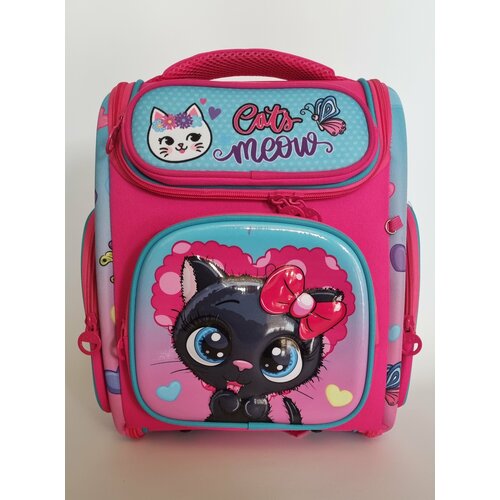 Рюкзак школьный для девочки (Котик черный, розовый фон)