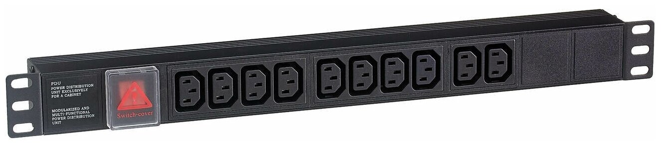 Блок розеток горизонтальный ExeGate ServerPro PDU-19H001 Al-10C13-C14-SW (19",1U, Алюминий, 10 IEC 320 C13, С14, выкл. с подсветкой, черный, RTL) EX280859RUS