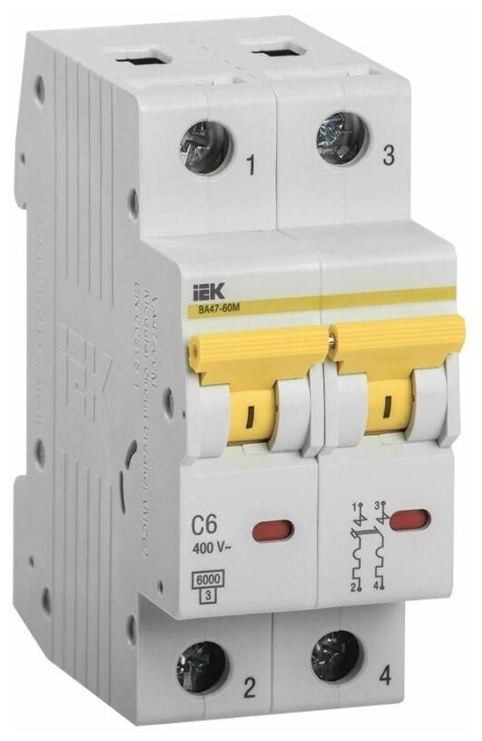 Выключатель автоматический IEK MVA31-2-006-C 6A тип C 6kA 2П 400В 2мод белый (упак.:1шт) - фото №1
