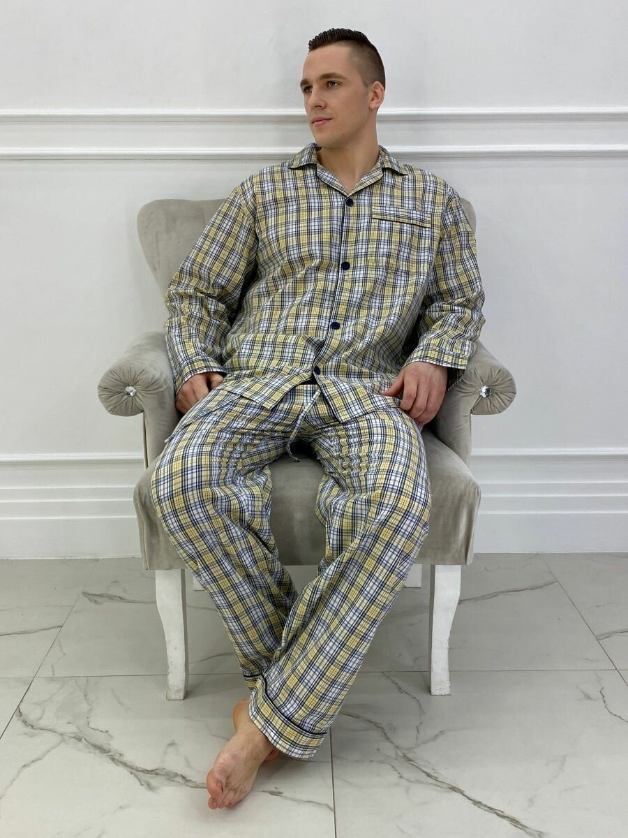 Пижама мужская в клетку с брюками и рубашкой с длинным рукавом хлопок Global_размер50 - фотография № 1