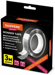 Клейкая двухсторонняя крепежная строительная монтажная лента скотч прозрачная Nano tape, 3м, толщина 2мм, Daswerk, 607928