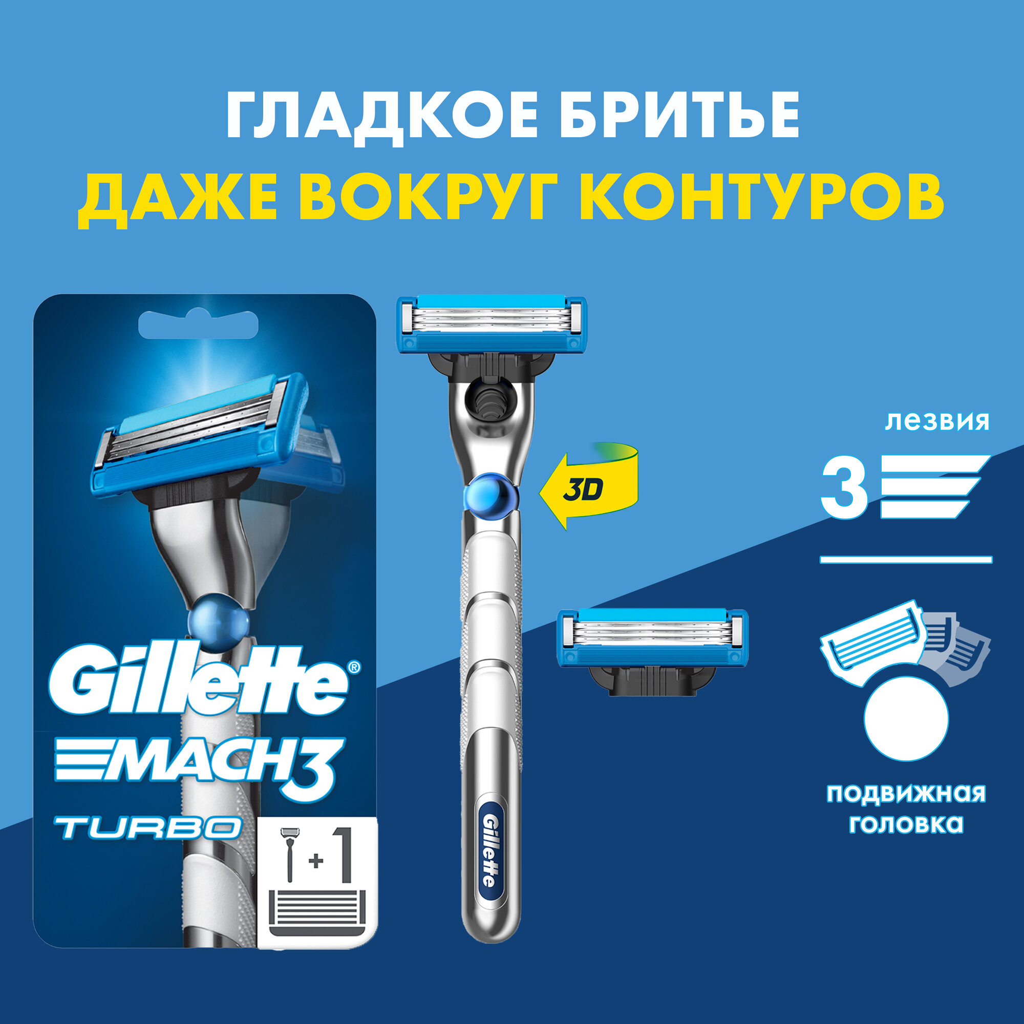 Многоразовый бритвенный станок Gillette Mach3 Turbo технология 3D Motion