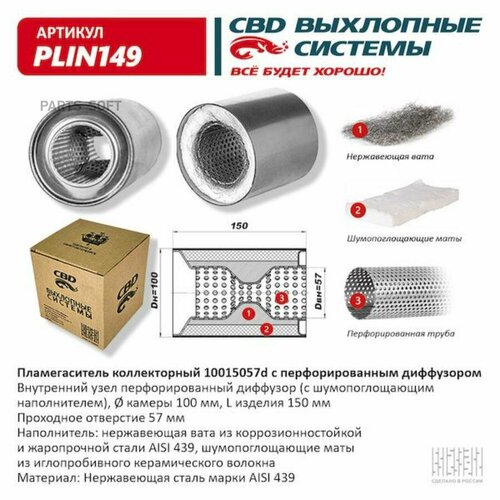 CBD PLIN149 Пламегаситель коллекторный перфорированный внутренний узел нерж. сталь 100 х 150 х 57