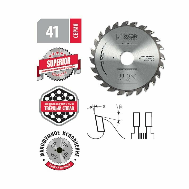 Диск пильный для подрезного узла 120*22H*12+12T A10 FT Woodwork 41.120.22