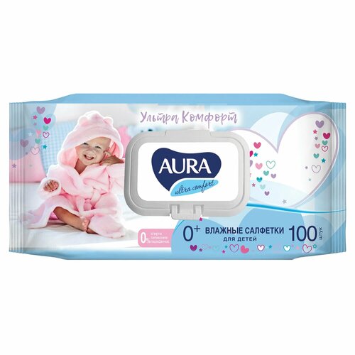 Влажные салфетки Aura Ultra Comfort, пластиковая крышка, 100 шт., 8 уп. влажные салфетки детские с клапаном без спирта набор 432 шт