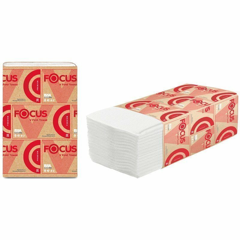 Полотенца бумажные лист Focus Premium (V-сл), 2 слойн, 200 л/пач, 23*20, 5см, белые