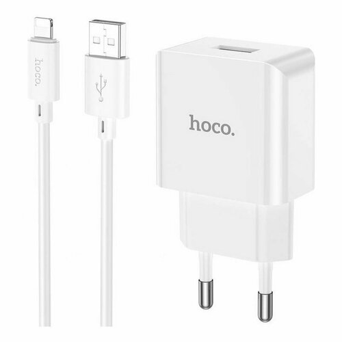 сзу pd3 0 lightning n5 1m hoco белое Сетевое зарядное устройство (СЗУ) Hoco C106A (USB) + кабель Lightning, 2.1 А, белый