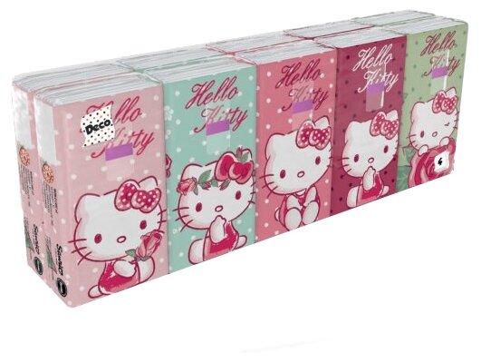 KGHLK-HS-01 Бумажные платочки "Hello Kitty" 4-х слойные, 10 пачек, 9 листов, 21х21 см, 238 г, World Cart