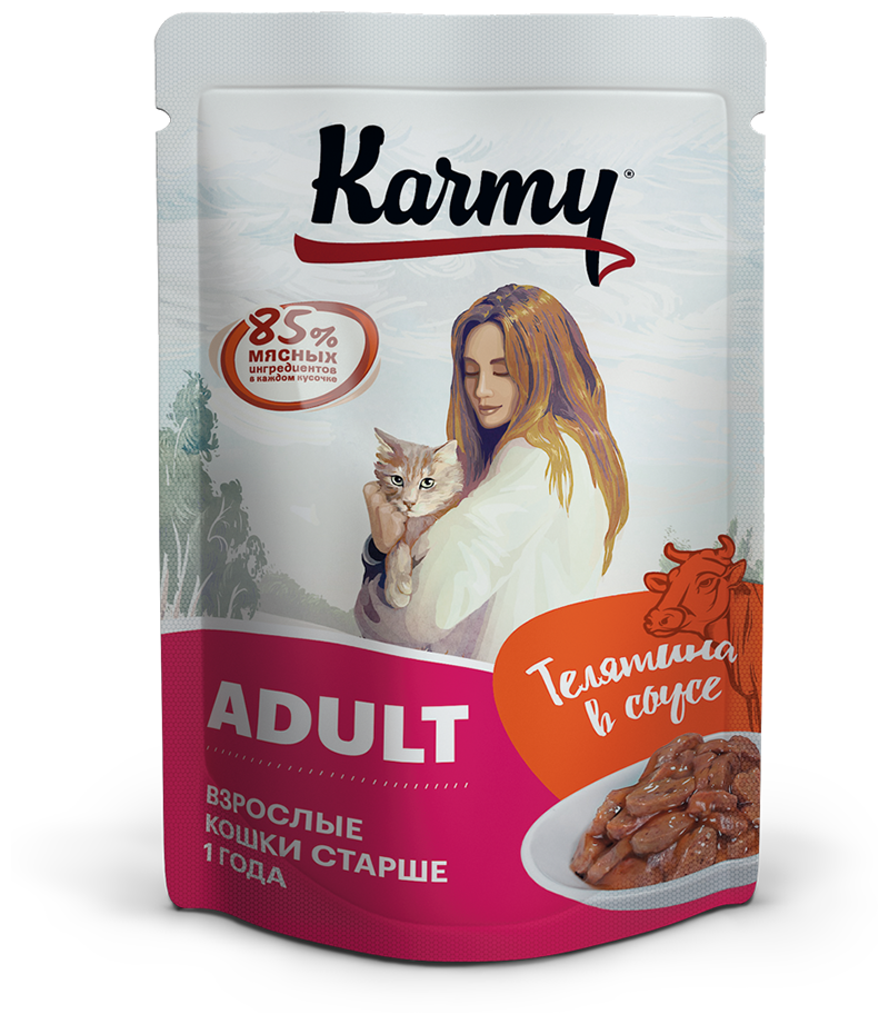 Karmy ADULT Телятина в соусе 80 г Консервированный полнорационный корм для кошек старше 1 года. В упаковке 12 штук.