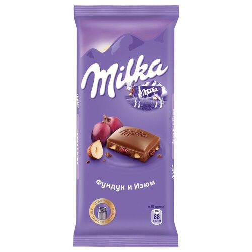 фото Шоколад Milka молочный с фундуком и изюмом, 90 г