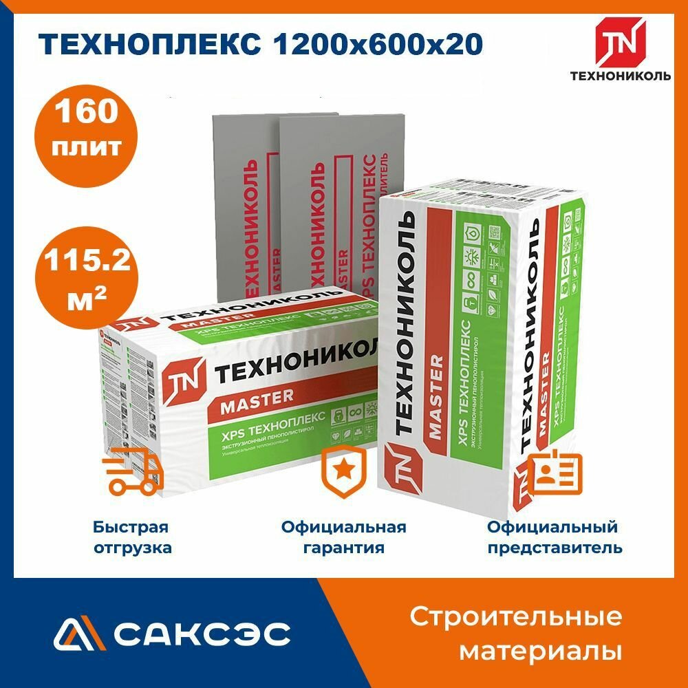 Экструдированный пенополистирол (эппс, XPS) Технониколь техноплекс 1200х600х20, 160 плит, 115.2 м2