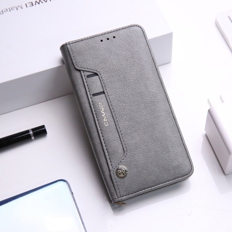 Чехол-книжка MyPads для Samsung Galaxy S24 из качественной импортной кожи, с магнитной крышкой и отделением для банковских карт, стиль Ретро в серо.