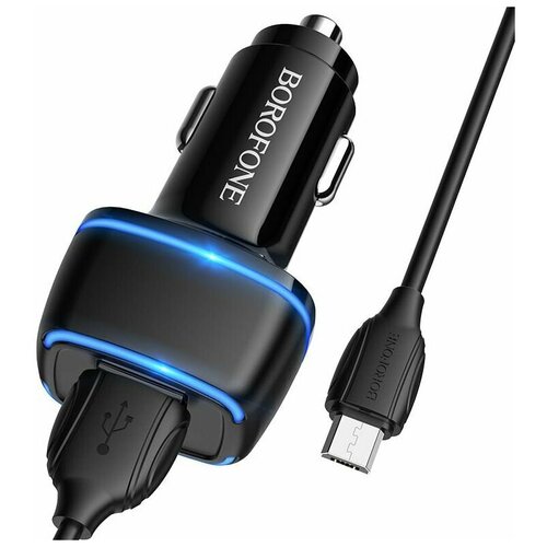 Автомобильное зарядное устройство BOROFONE BZ14 Max 2xUSB, 2.4A, LED + кабель MicroUSB, 1м (черный)