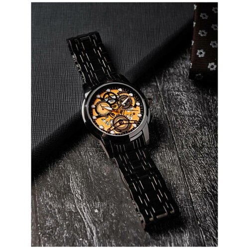 фото Наручные часы наручные часы мужские кварцевые с металлическим ремешком, черный, золотой без бренда
