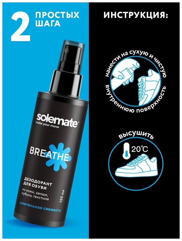 Антибактериальный дезодорант для обуви Solemate Breathe, 150мл