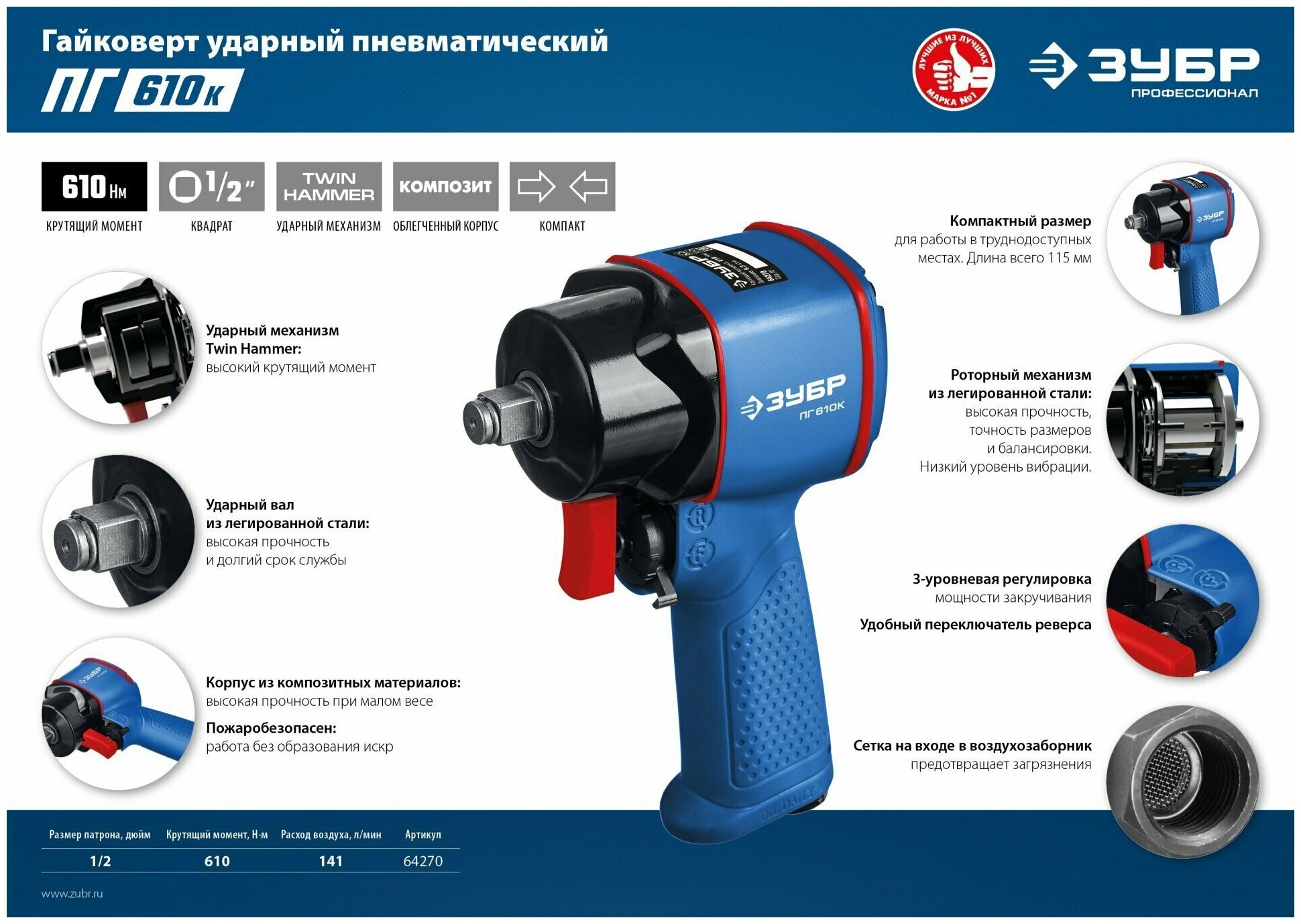 Пневмогайковерт ударный ЗУБР ПГ-610к