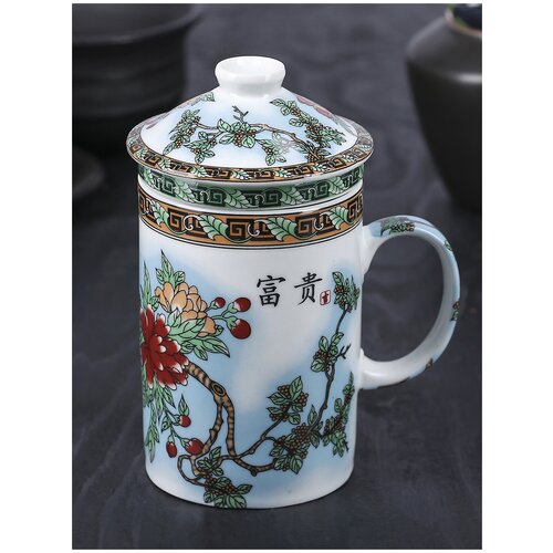 Кружка керамическая с крышкой и ситом «Птицы в пионах», 300 мл, цвет разноцветный