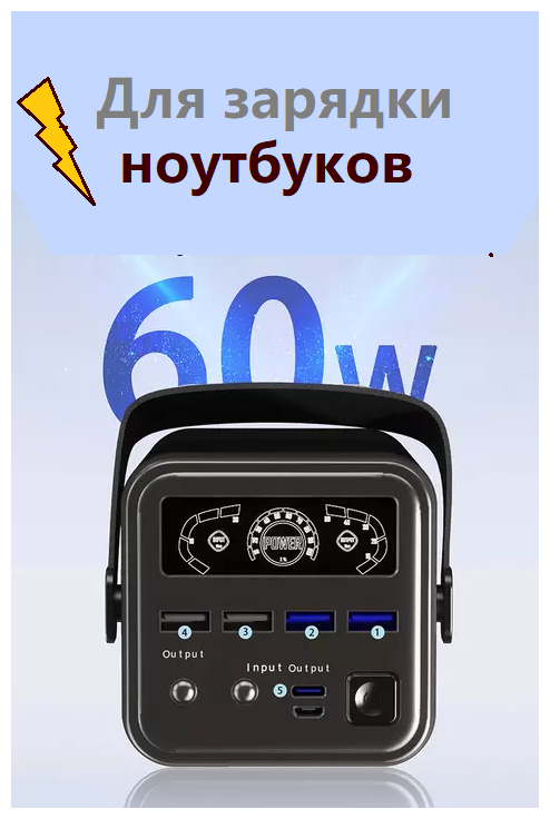 Внешний аккумулятор для зарядки ноутбука, повер банк (power bank) большой ёмкости 60.000mAh с 4-мя USB-выходами, дисплей, фонарик