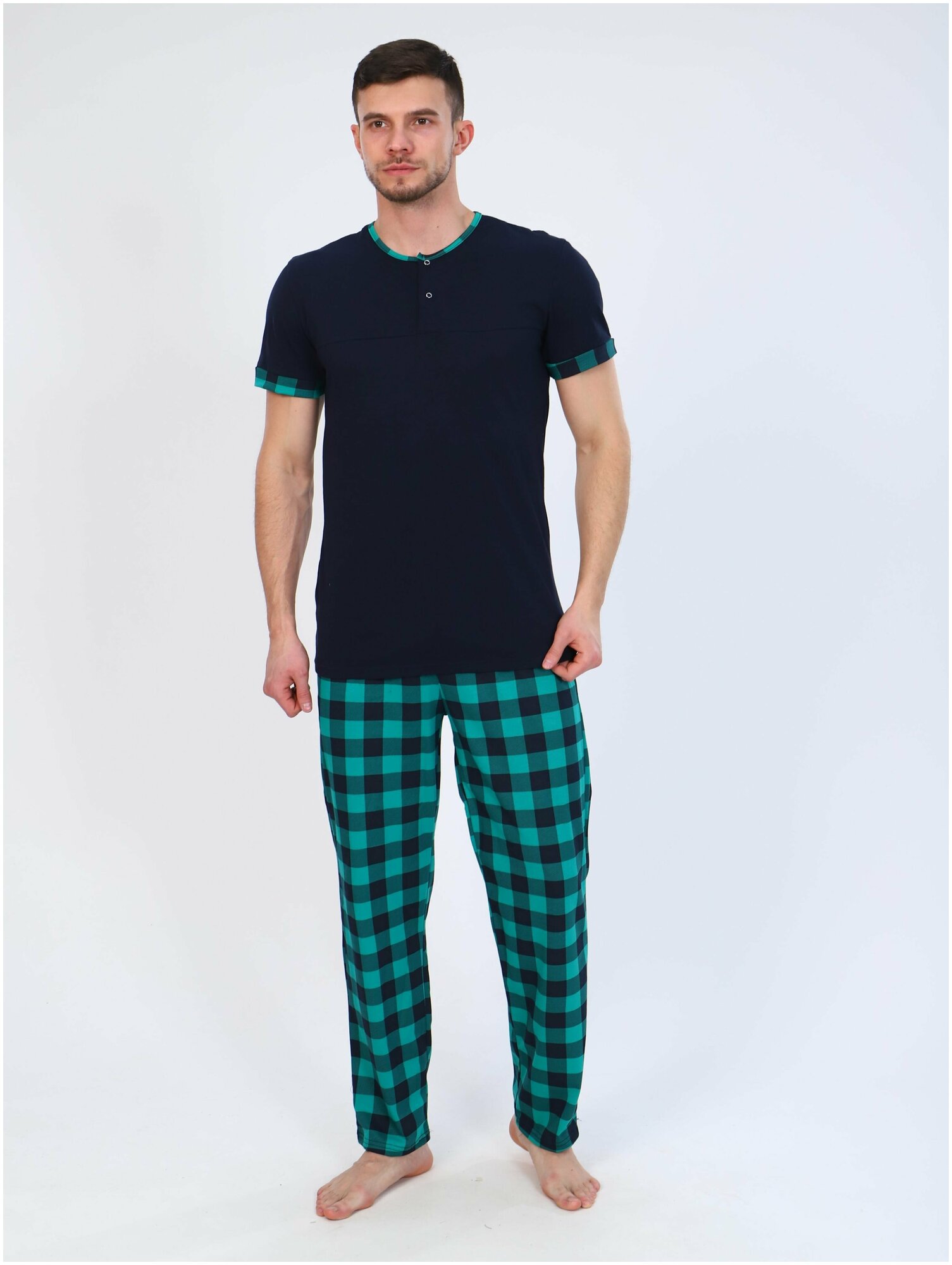 Домашний костюм мужской для дома Современная пижама мужская Комплект одежды повседневный, футболка и брюки зеленый - фотография № 2