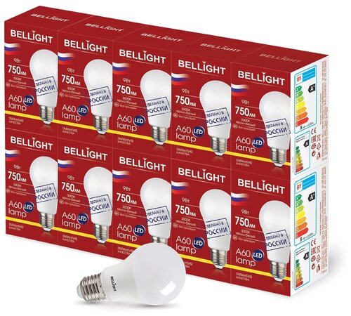 Лампа светодиодная Bellight E27 220-240 В 9 Вт 3000К груша матовая, теплый белый свет 10 шт