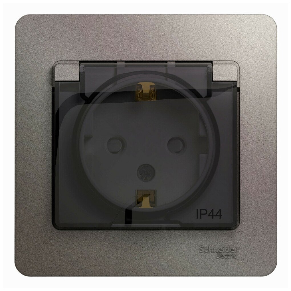 Розетка с заземлением, со шторками (с крышкой) IP44, Платина, Schneider Electric Glossa (комплект 3шт)