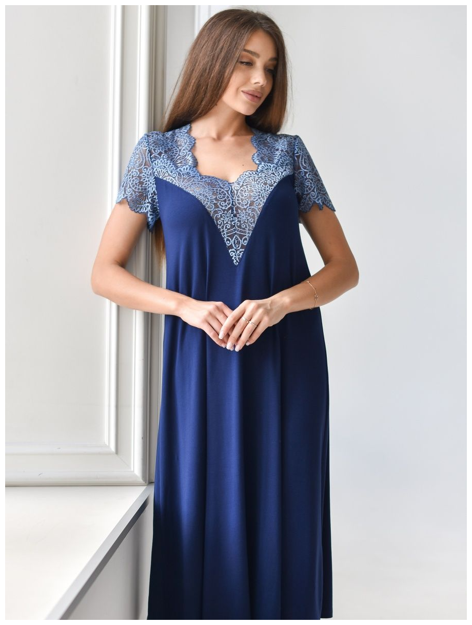 женская ночная сорочка, вискоза, премиум-качество, длинная, размер 50 цвет синий, текстильный край - фотография № 3