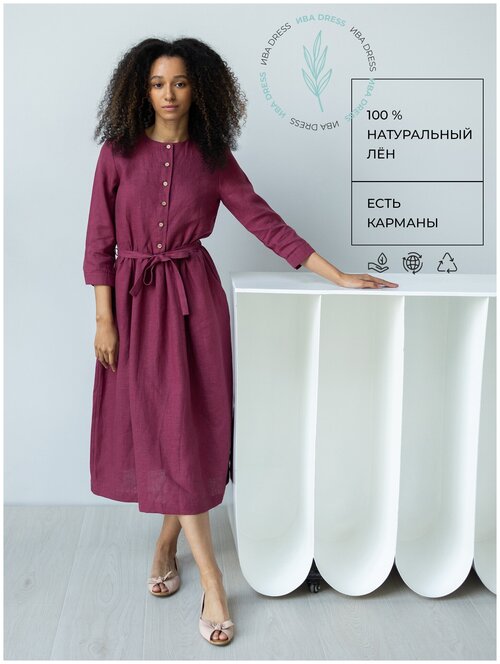 Платье-футляр ИВАdress, лен, полуприлегающее, миди, пояс на резинке, карманы, размер 42, бордовый