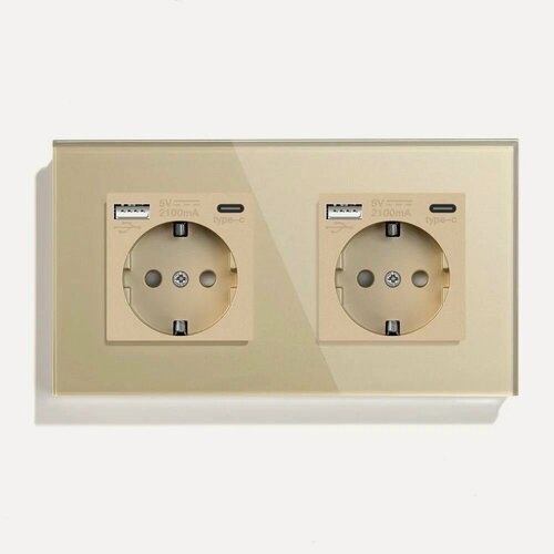 Изображение товара Розетка электрическая 2 поста, с Usb/Type-C АC, рамка 157х86мм стекло, цвет золотой