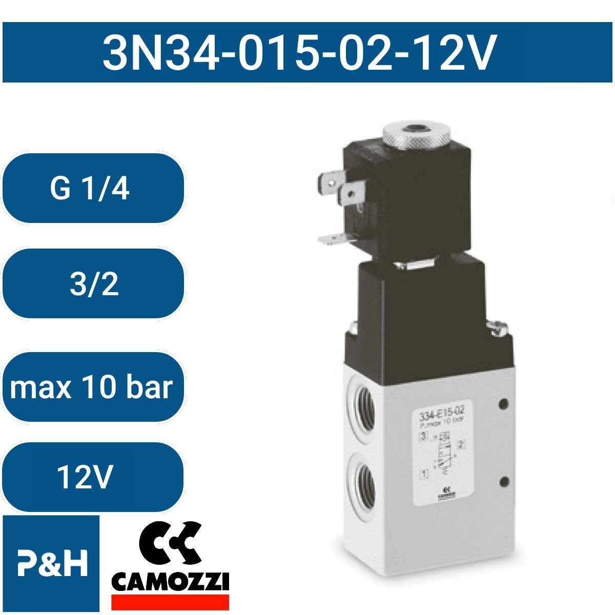 Пневмораспределитель электр. упр, 3/2 НЗ, G1/4, в сборе с катушкой 12V 3N34-015-02 Camozzi