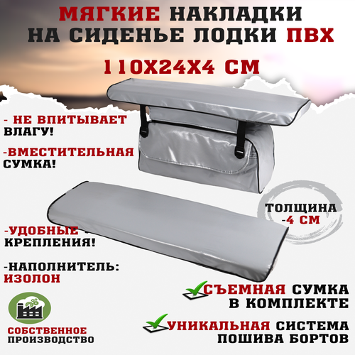 фото Мягкие накладки на сиденья (банки) лодки пвх (2шт.) gaoksa 110х24х4 см, серый комплект с сумкой пвх