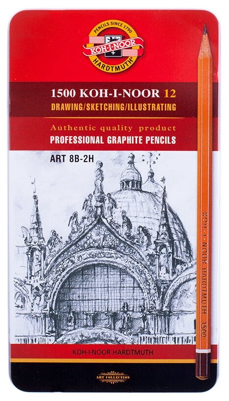 1502012008PLRU Набор карандашей ч/г Koh-I-Noor "1500 Art" ,12шт, 8B-2H, заточен, метал. пенал