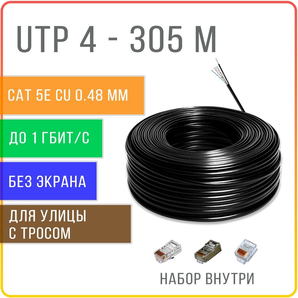 UTP 4 пары Cat 5E с тросом , кабель витая пара для улицы , чистая медь , жила 0,48 мм , 305 метров