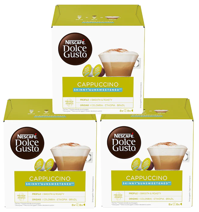 Кофе в капсулах Nescafe Dolce Gusto Cappuccino Skinny Unsweetened, 24 порции, 16 капс. в уп, 3 уп (обезжиренный, без сахара) - фотография № 1